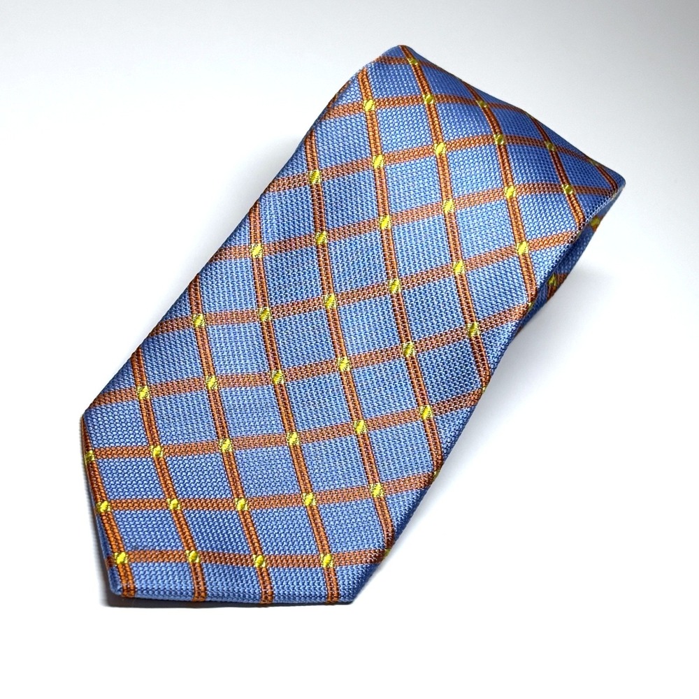 Egara Necktie Mens OS Blue Orange Excellent Silk Geometric Windowpane Pattern